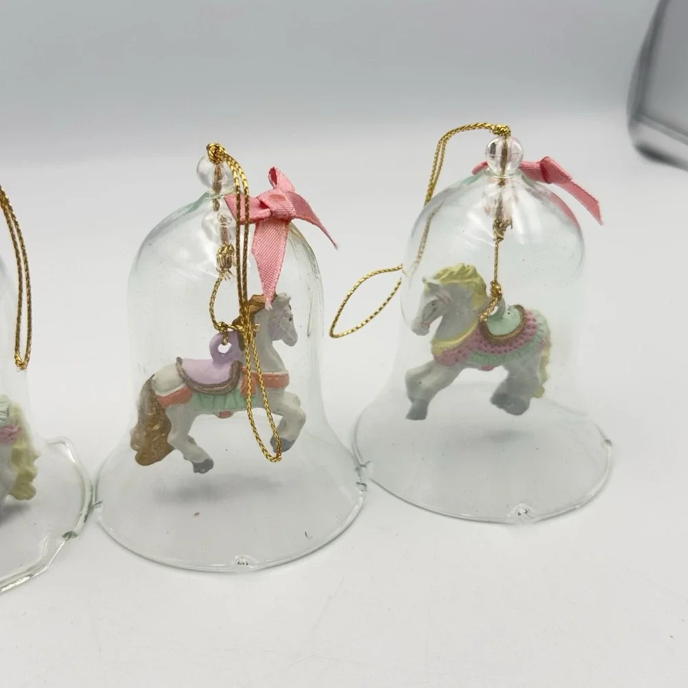 Vintage Set of 4 Clear Glass Bells with Carousel Horses Ornament Ruffled Edges‎